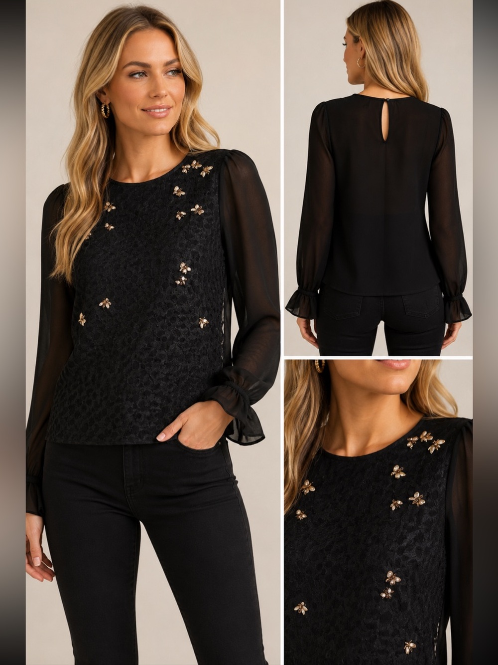 Ted Baker London Embellished Bee Textured Blouse Black US 6 Sheer Sleeve Top